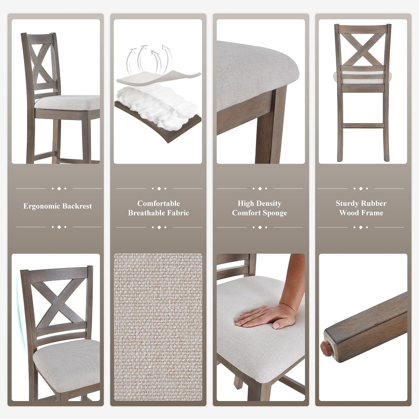 Upholstered Counter Height Bar Stools Set of 4, Modern Kitchen Island Barstools Chairs with Cross Back and Wood Legs for Dining Room Bar, Light Brown Wash