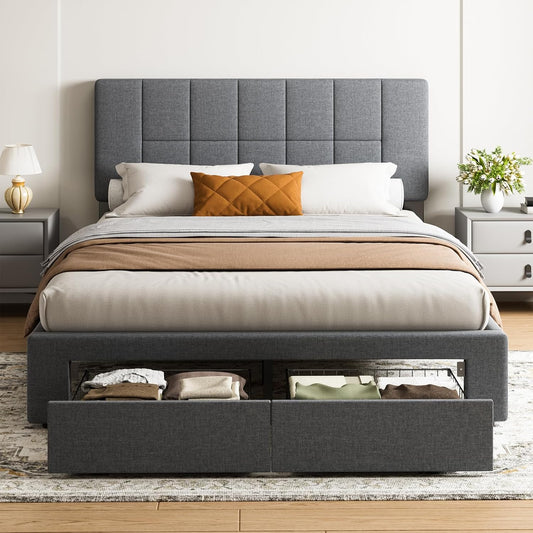 Full Bed Frame with 2 Storage Drawers, Sturdy & Durable with 12 Support Legs, 1300 Lbs Capacity, Solid Wooden Upholstered Adjustable Headboard for 6″–12″ Mattresses, Easy Assembly, Dark Gray