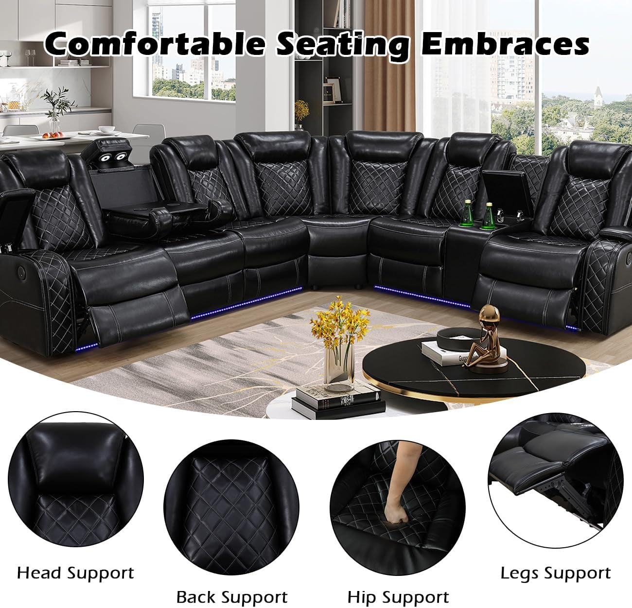Power Recliner Sectional Sofa Set for Living Room Furniture Sets,Leather Reclining Sofa Set with LED Lights/Hidden Storage,L- Shaped Couch for Living Room/Home Theater(Black,Sectional)