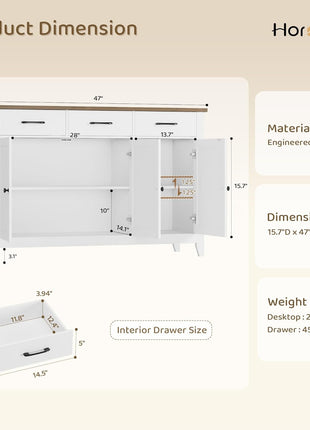 47-Inch Contemporary Farmhouse Buffet Cabinet with Storage Solutions, Adjustable Shelves, and Drawers for Dining Room, Kitchen, and Entryway - White Wood Sideboard