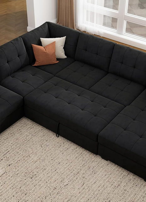 Luxurious Velvet Black Sectional Sleeper Sofa with Storage Chaise – Ideal Pull-Out Bed for Your Living Room