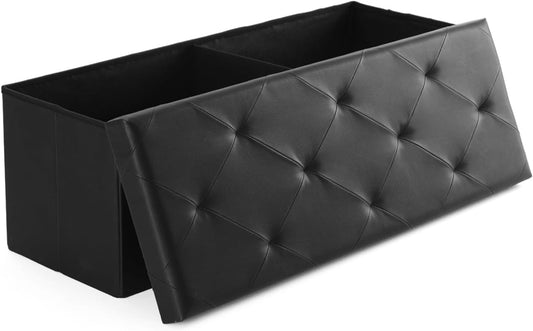 43 Inches Folding Ottoman with Storage Bench, Foot Rest Stool, End of Bed Storage Bench Upholstered, Load 660 Lbs, for Living Room, Lychee Grain Leather, Black