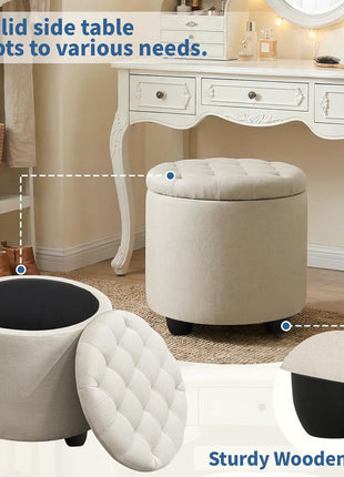 Contemporary Beige Round Storage Ottoman with Button Tufting and Detachable Lid for Living Room, Bedroom, and Makeup Space