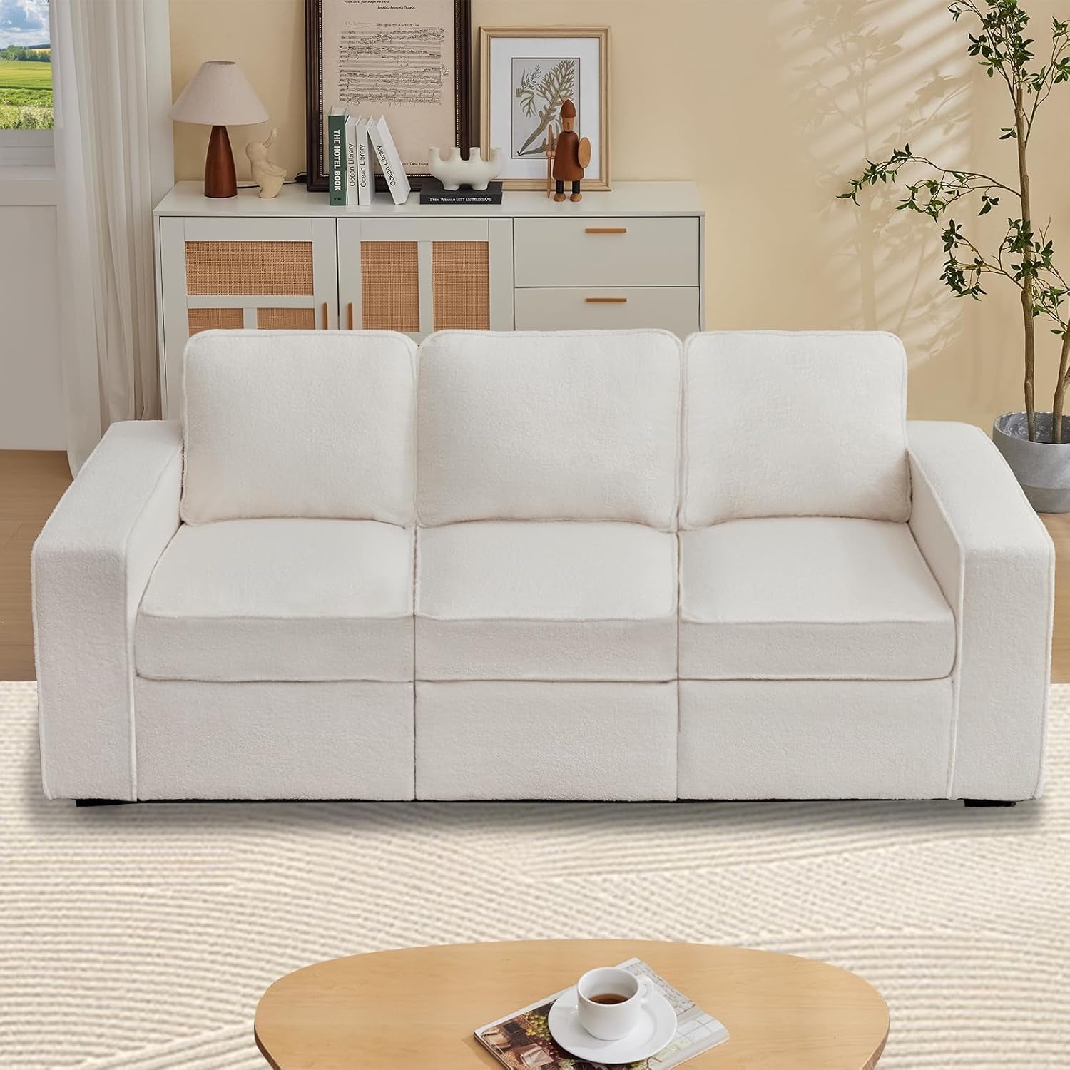 80'' Sofa Couch for Living Room, Mid Century Modern Loveseat Sofa with Side Pocket, 3-Seater Couches for Bedroom, Apartment, Office, Teddy Wool White