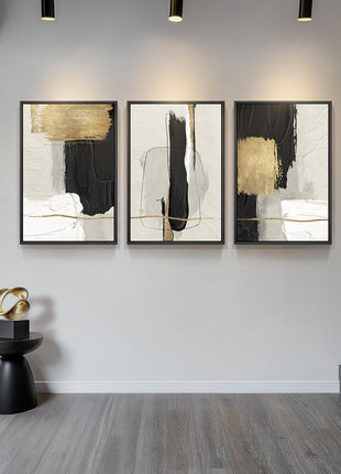 Large Framed Black and White Abstract Canvas Art Set - 3-Piece Modern Minimalist Wall Decor for Living Room and Office, 24x36 Inches