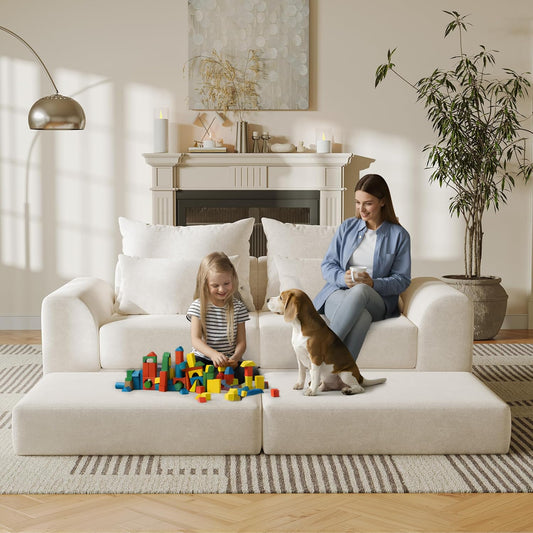 Modular Loveseat with Ottoman, L-Shape Boneless Couch, Customizable Sectional Couch, Free Combination Design Sleeper Sofa, Cloud Mist