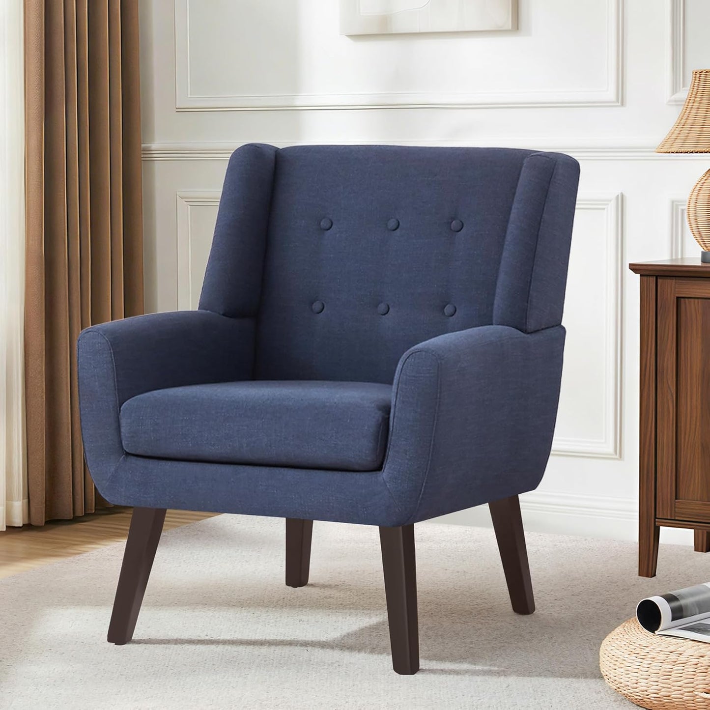 Accent Chair Living Room Chair, Upholstered Button Tufted Armchair, Linen Fabric Sofa Chairs for Bedroom, Living Room, Mid Century Modern Comfy Reading Chair (Dark Blue)