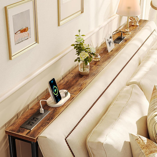 79 Inch Sofa Table with 2 Power Outlets and USB-C Ports, 5.9 Inch Narrow Console Table with Storage, Long Entryway Hallway Couch Table behind Sofa, Small Spaces, Living Room, Rustic Brown