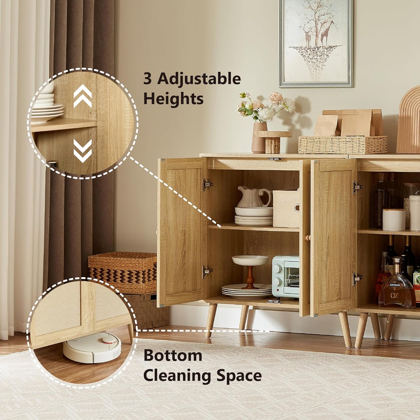 Buffet Cabinet with Storage, Sideboard Storage Cabinets with Adjustable Shelf & 2 Doors, Accent Furniture Multifunctional Cupboard Liquor Coffee Bar for Kitchen, Living Room, Entry, Nature