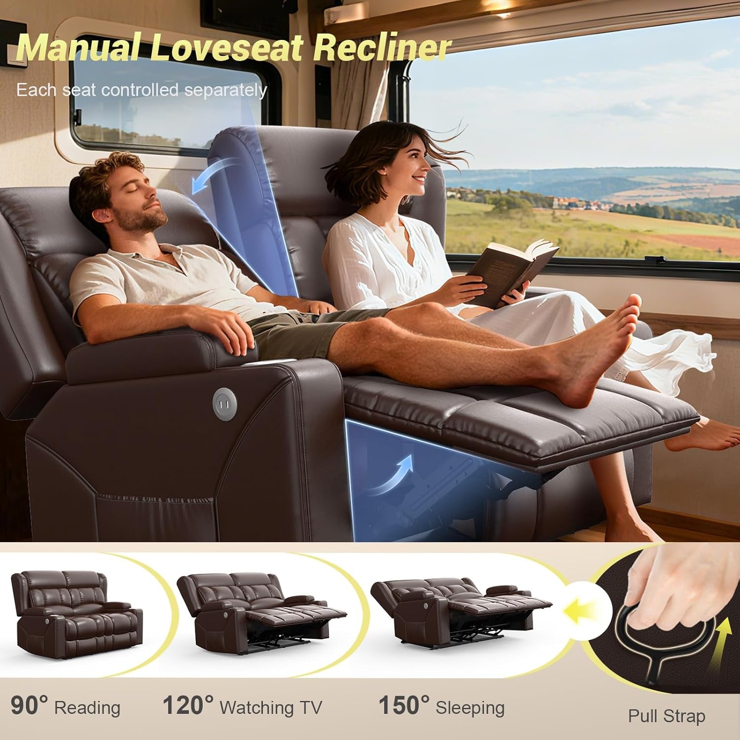 RV Loveseat Recliner Sofa, Reclining Loveseat Home Theater Seating with USB Ports, Cup Holders, Insert Pockets, Wall Hugger RV Recliners for Movie Room, Recline Movie Seats Gaming Sofa, Brown