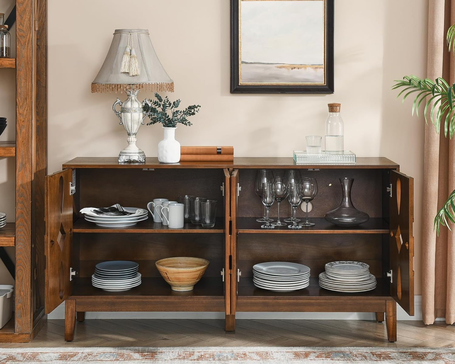 60" Mid Century Modern Sideboard Buffet with Hollow Carved Doors and Outlet Holes,Vintage Accent Cabinet Credenzas Storage Cabinet Walnut