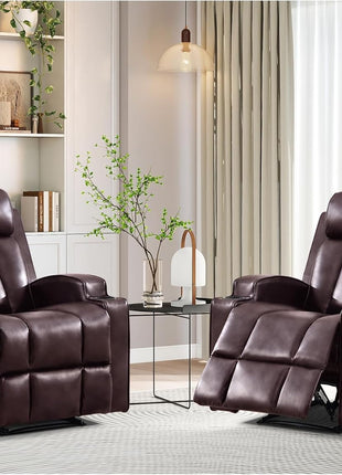 Premium PU Leather Manual Recliner Chair for Adults with Cup Holders and Padded Backrest, Overstuffed Heavy Duty Reclining Sofa for Living Room and Bedroom, Black