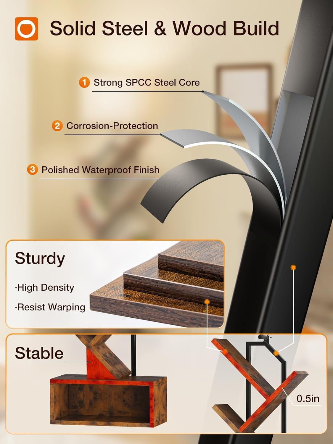 6-Tier Tree Book Shelf with LED Light, Steel&Wood Bookshelf with Storage Cabinet, Narrow Tall Bookcase with 3CCT Bulb, Small Bookshelf for Bedroom, Home Office&Living Room-Rustic Brown