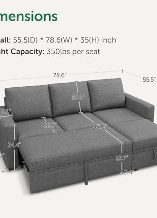 Elegant L-Shaped Modular Sectional Sleeper Sofa with Pull-Out Bed and Integrated Storage in Dark Grey