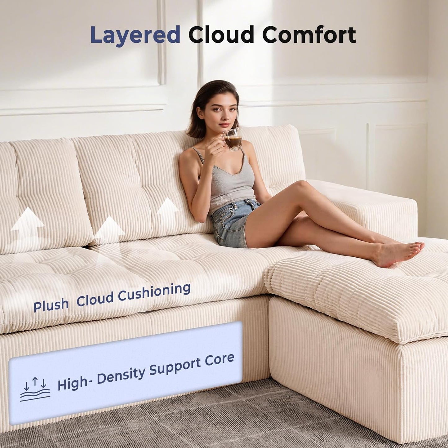 Cloud Sectional Boneless Sofa with Ottoman, Modular L Shaped Couch with Layered Cushion, Fluffy Comfy Couches for Living Room, No Assembly, Dark Grey