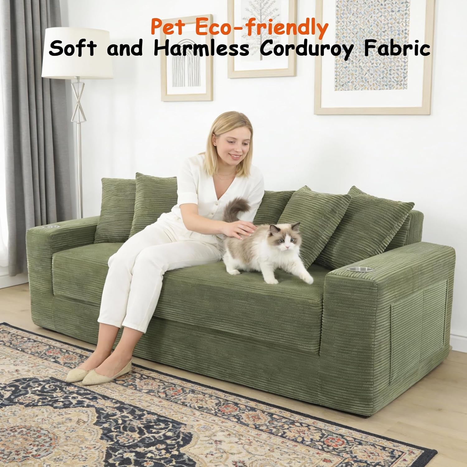 76" Convertible Sofa Bed, 2-In-1 Boneless Sleeper Sofa with Cup Holder & Pocket, Corduroy Pull Out Couch with 5 Pillows, Couch Bed for Living Room, Small Spaces, Bedroom, No Assembly