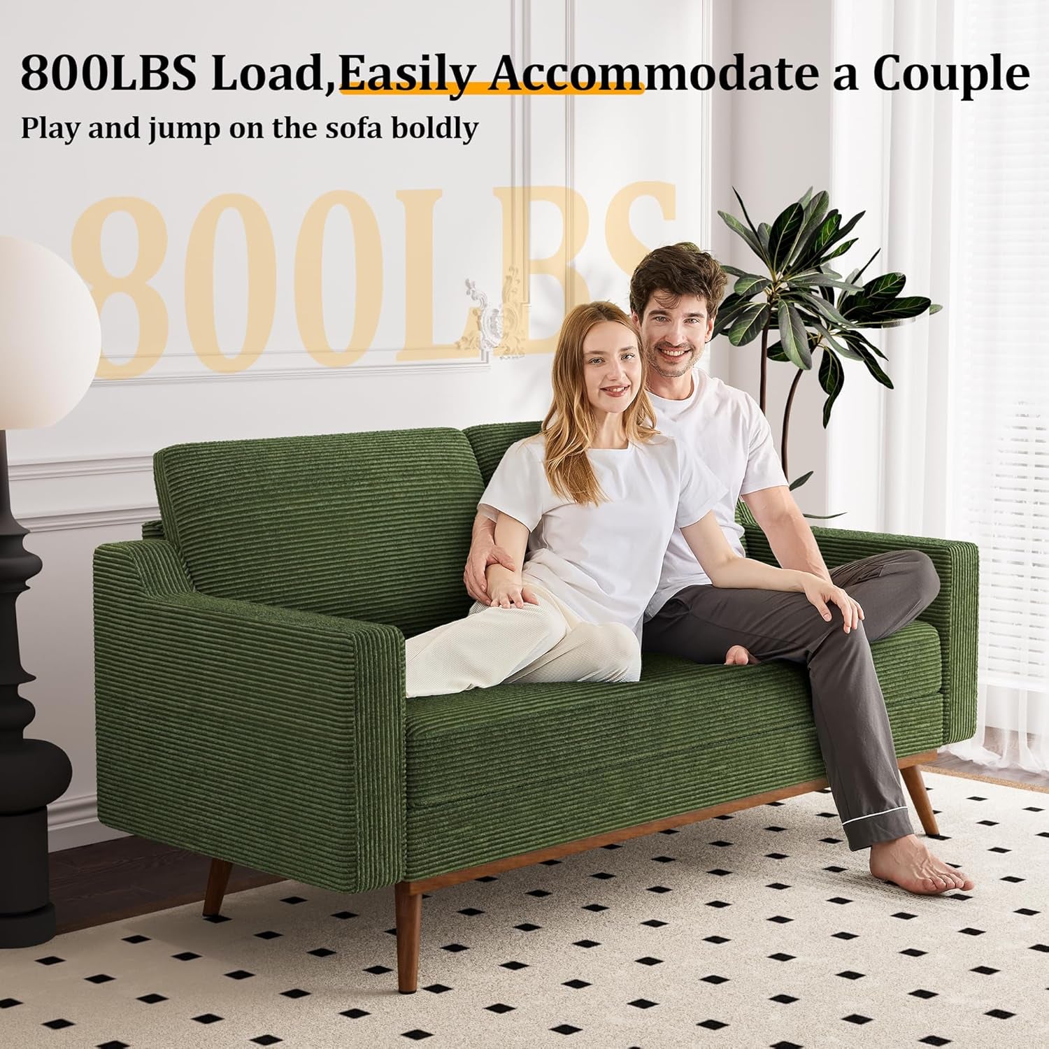 65.4" Loveseat Sofa Green Corduroy Couch, Mid-Century Modern Small Couches for Living Room, Bedroom, Office, Comfy Sofa with Spring Cushion, Solid Wood Frame, Tool-Free Assembly