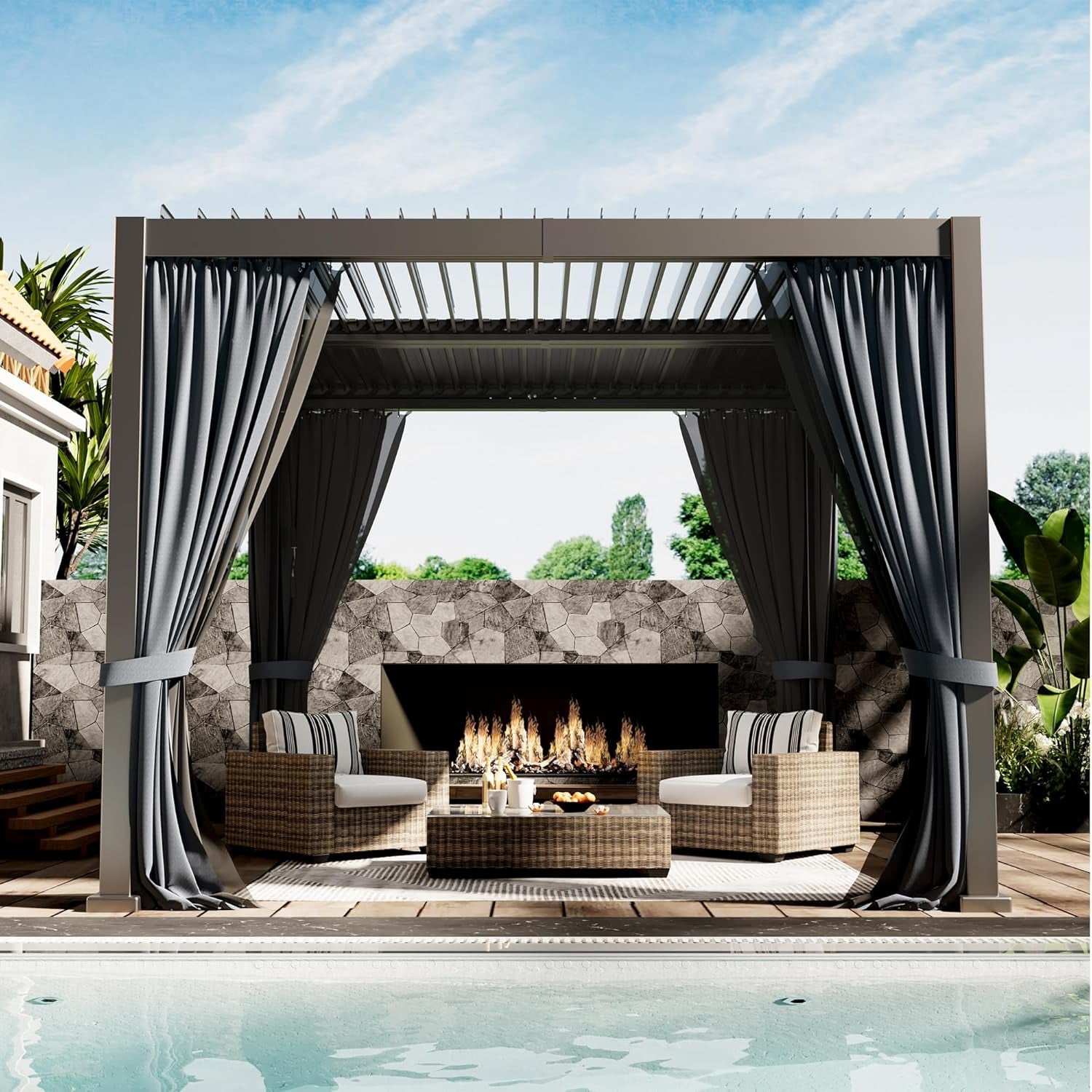 10'X10' Metal Pergola, Outdoor Patio Pergola with Hardtop Roof,Aluminum Pergolas with Curtains,Waterproof Gazebo for Garden,Patio,Gray