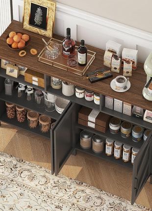 55-Inch Farmhouse Buffet Sideboard with Storage, 4-Door Wood Kitchen Cabinet and Coffee Bar Table with Shelves for Dining Room and Entryway (Black)