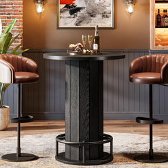round Bar Table, 39.4" H Wood Bistro Pub Table with Metal Ring Footrest for Dining Coffee Cocktail Living Room, Small Space, Black(Only Table)
