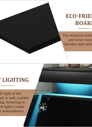 Set of 2 Black Nightstands with LED Lighting and Storage Cabinet for Bedroom