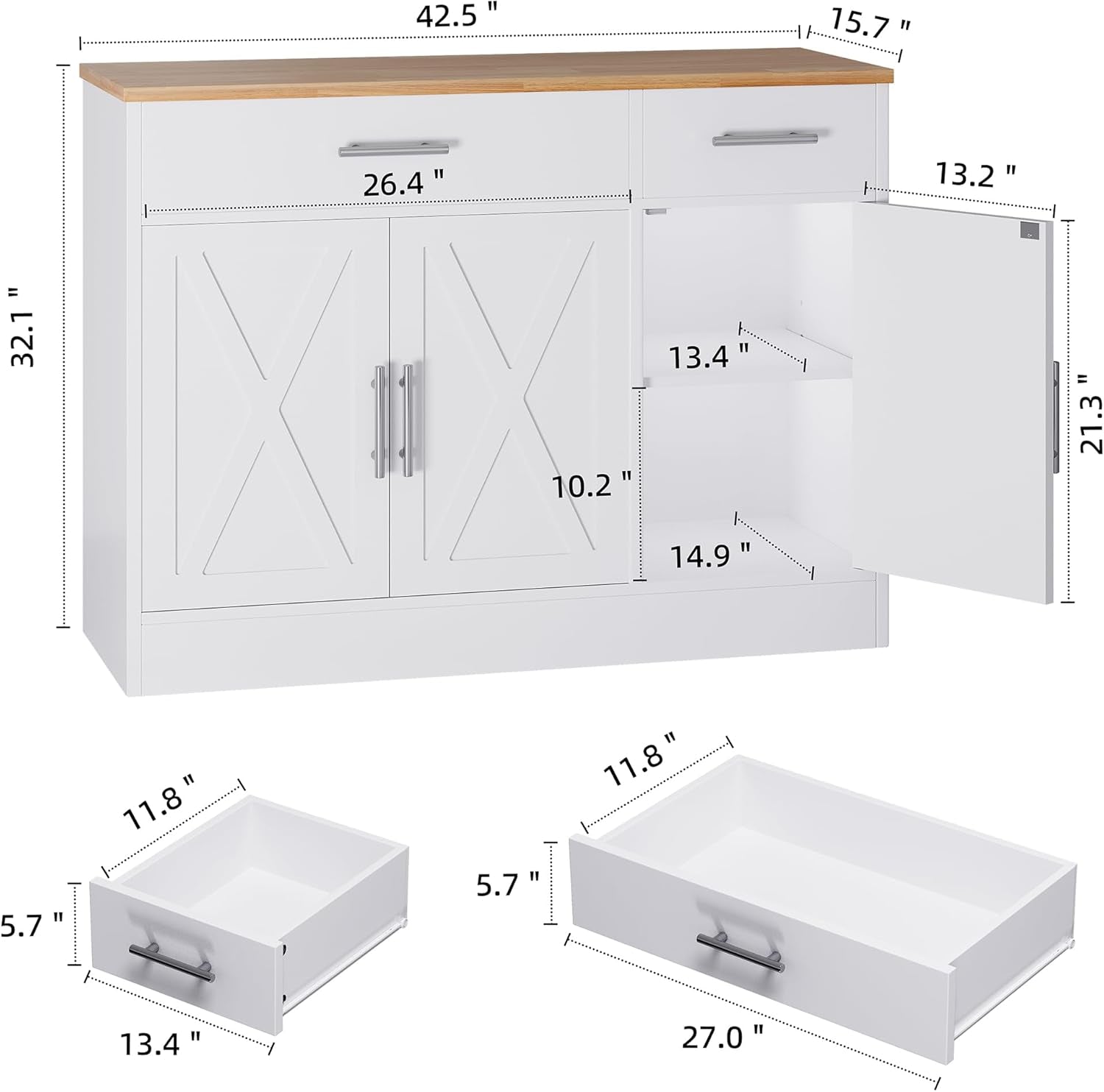 Modern Farmhouse Sideboard Buffet Cabinet with Storage with 3 Doors,42" Barn Doors Buffet Cabinet with Storage, Wood Coffee Bar Cabinets with Adjustable Shelf for Kitchen Living Room,White