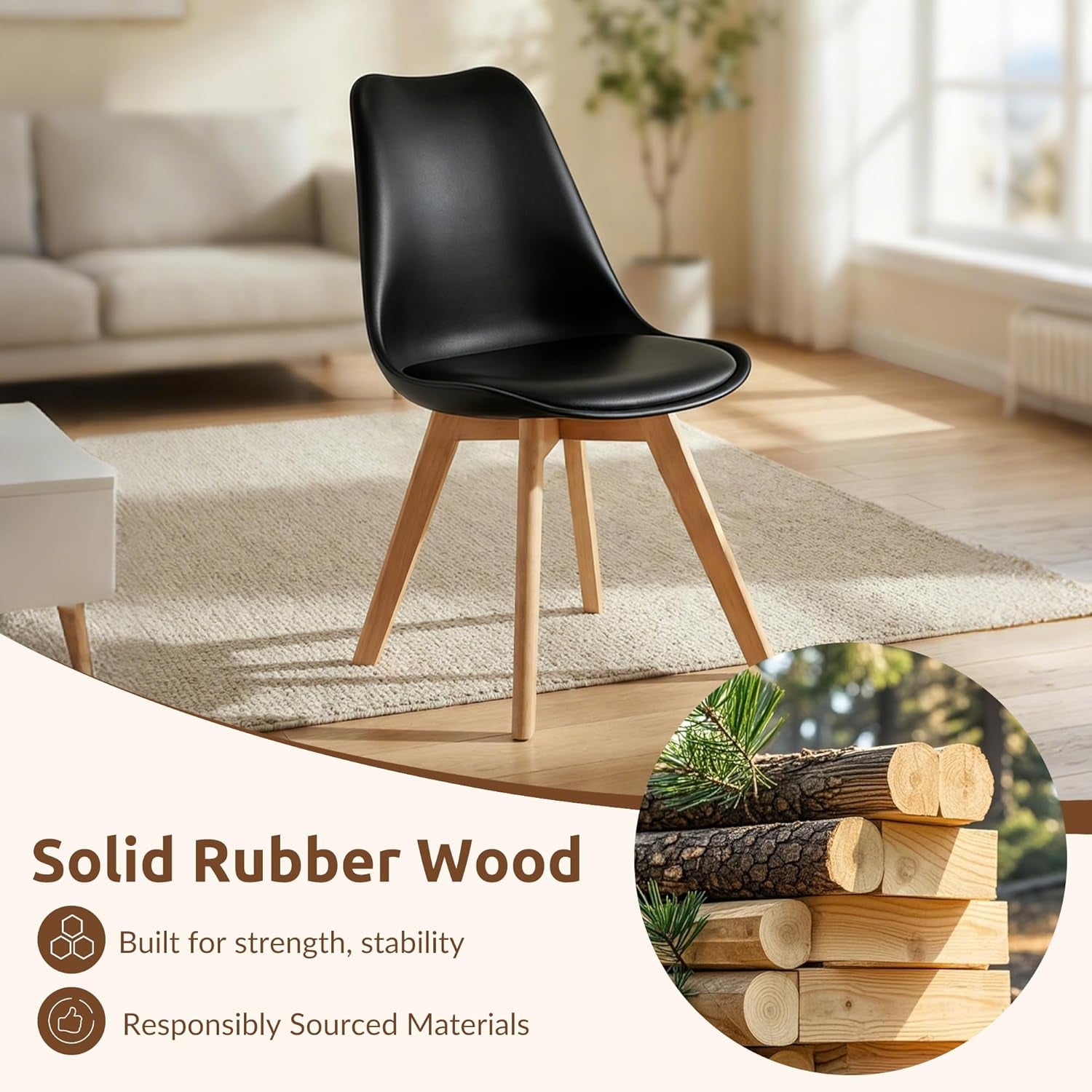 Dining Chairs Set of 4, Modern Upholstered Dining Room Chairs with PU Leather Padded Seat, Armless Kitchen Chairs with Curved Backrest and Solid Wood Legs for Dining Room, Kitchen, Apartment, Black