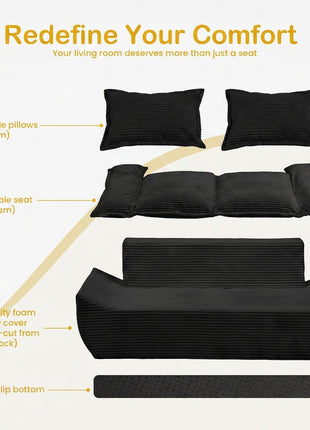 59-Inch Boneless Loveseat Sofa - Black 2-Seater with Removable Cushions and 2 Pillows, Compact Foam Couch for Living Room, Apartments, and Office
