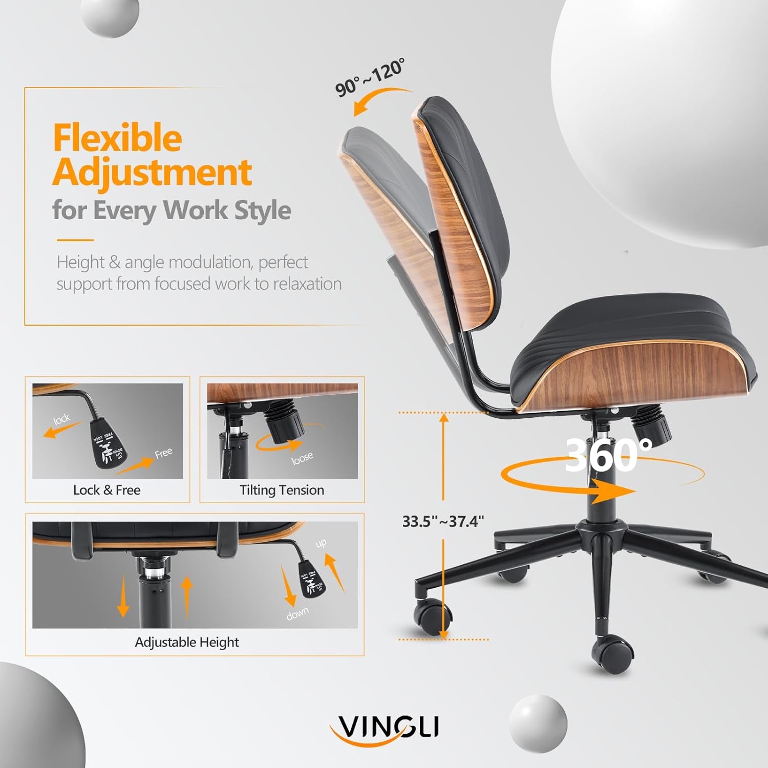 Wide Curved Seat&Back Armless Home Office Chair,Ergoromic Adjustable-Height Desk Chair,Swivel&Tilting Function,Stylish Walnut Task Chair for Meeing Room,Dining Room,Pu, Black