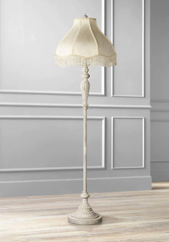 Traditional Vintage Shabby Chic Floor Lamp Standing 60" Tall Antique White Victorian Cream Scallop Fabric Dome Shade with Fringe Decor for Living Room Reading House Bedroom Home