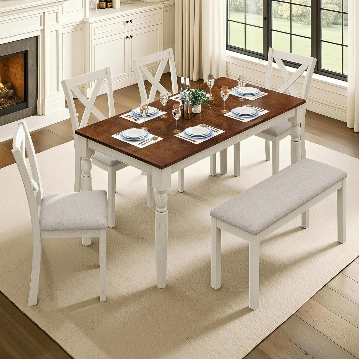6-Piece Solid Wood Dining Table Set, Upholstered Chair W/Bench Seat, Seating for 6,60'' Farmhouse Wood Kitchen Chairs Set for Living Room, Dining Room, Kitchen, Cream White