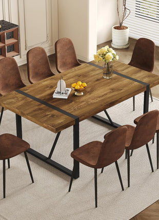 Sophisticated Dining Table Set for Eight with Dark Wood Finish and Upholstered Suede Chairs