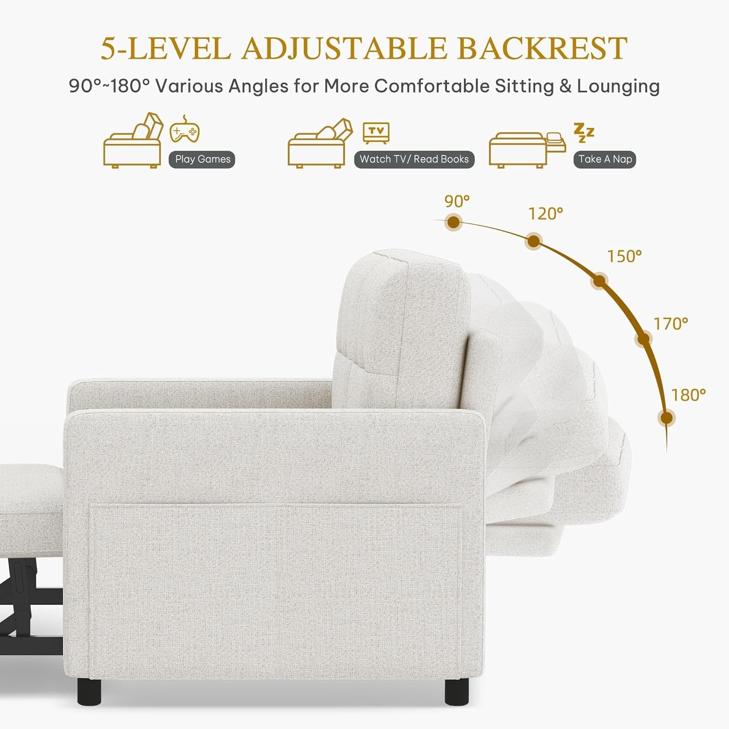 55" Convertible Sofa Bed, 3-In-1 Sleeper Sofa with Pull-Out Bed, Linen Futon Couch with Adjustable Backrest and Side Pocket, Modern Loveseat for Living Room Apartment, Light Beige