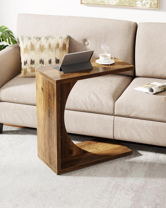 C-Shaped End Table for Couch, Sofa Side Table, C Table for Small Space, Living Room, Bedroom (1, Rustic Brown)