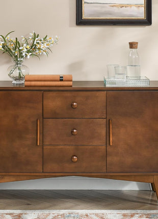 47.3" Mid-Century Modern Sideboard Buffet Cabinet with Solid Wood Frame and Legs, Featuring 2 Doors and 3 Drawers for Kitchen and Entryway in Walnut Finish