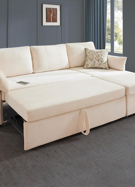 85-Inch L-Shaped Sectional Sofa with Pull-Out Sleeper, Modular Chenille Deep Seat Design, Reversible Chaise, Storage Solutions, Side Pockets, and Dual USB/Type-C Charging Ports in Beige