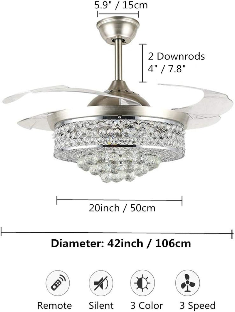 42" Crystal Ceiling Fan with Light Retractable Blades Brushed Nickel Modern LED Chandelier Remote 3 Colors 3 Speeds Change Silent Ceiling Fans Light