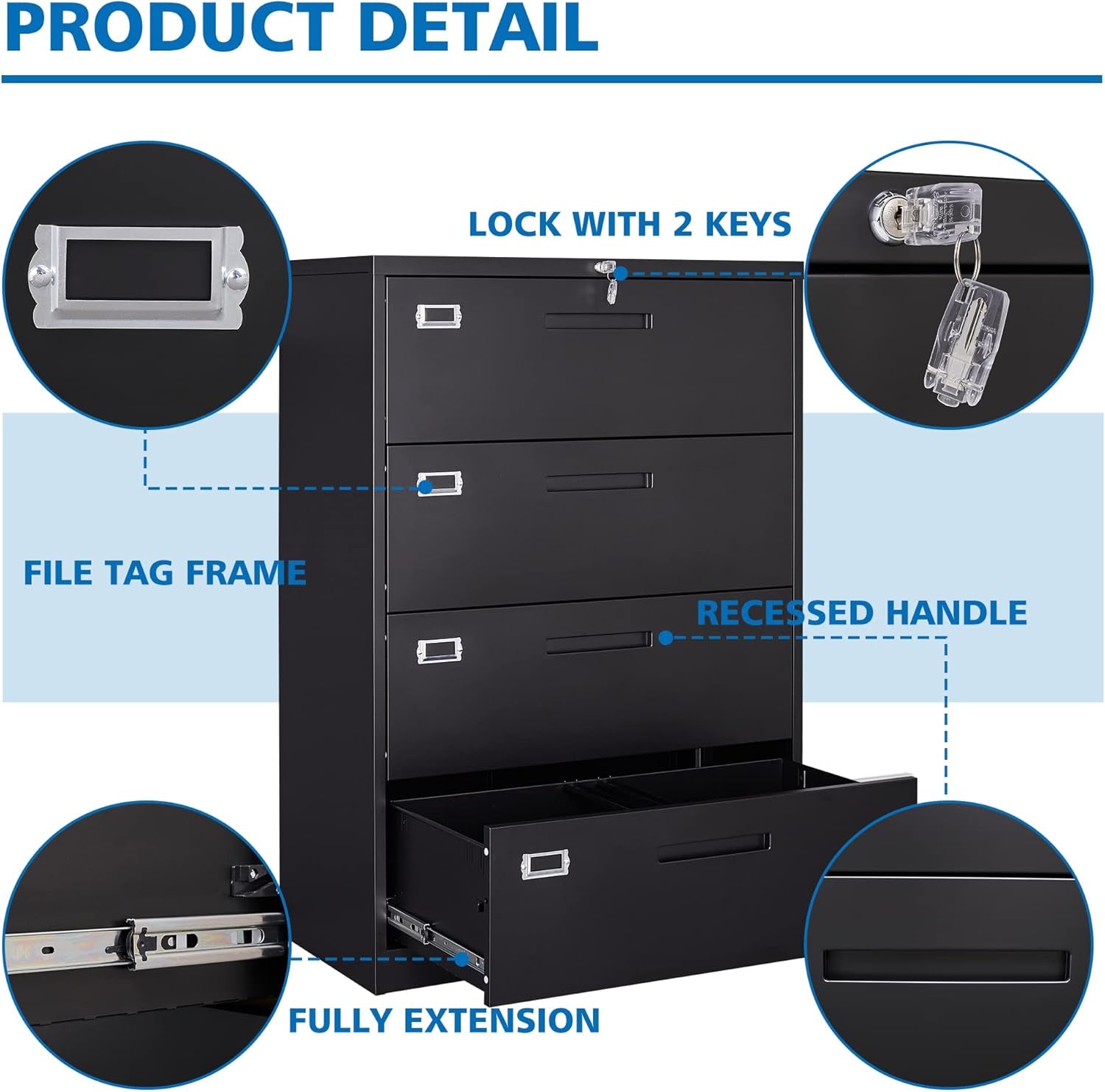 4 Drawer Filing Cabinet with Lock Metal Lateral File Cabinet Office Home Steel Lateral File Cabinet for A4 Legal/Letter Size Wide Metal Cabinet Locked,Assembly Required (4 Drawer, Black)