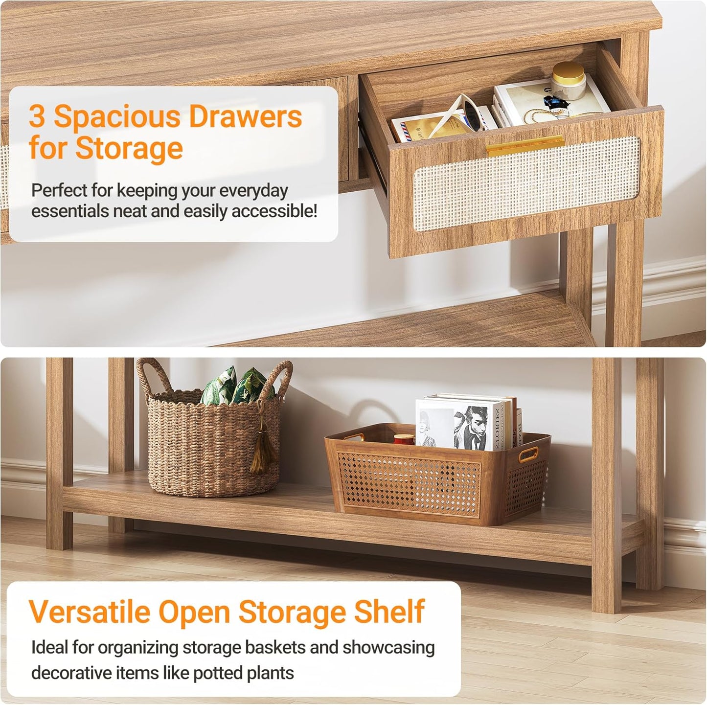 51.2" Entryway Table with 3 Rattan Drawers, Boho Console Table Narrow with Storage, Long Sofa Table for behind Couch Entry Hallway, Entrance, Living Room, Oak Brown
