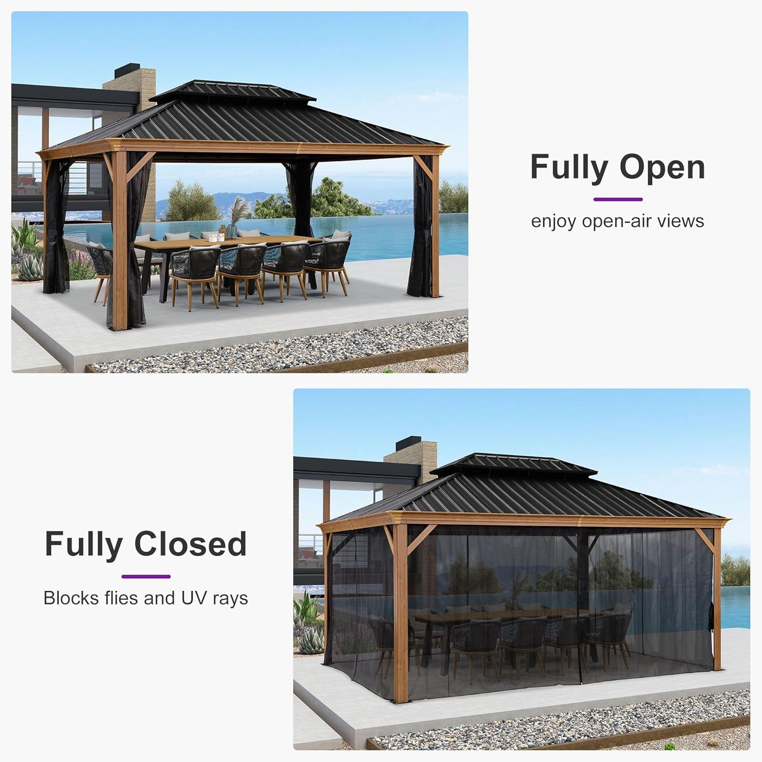 12' X 16' Outdoor Hardtop Gazebo for Patio Galvanized Steel Double Roof Permanent Canopy Aluminum Frame Pavilion Gazebo with Netting