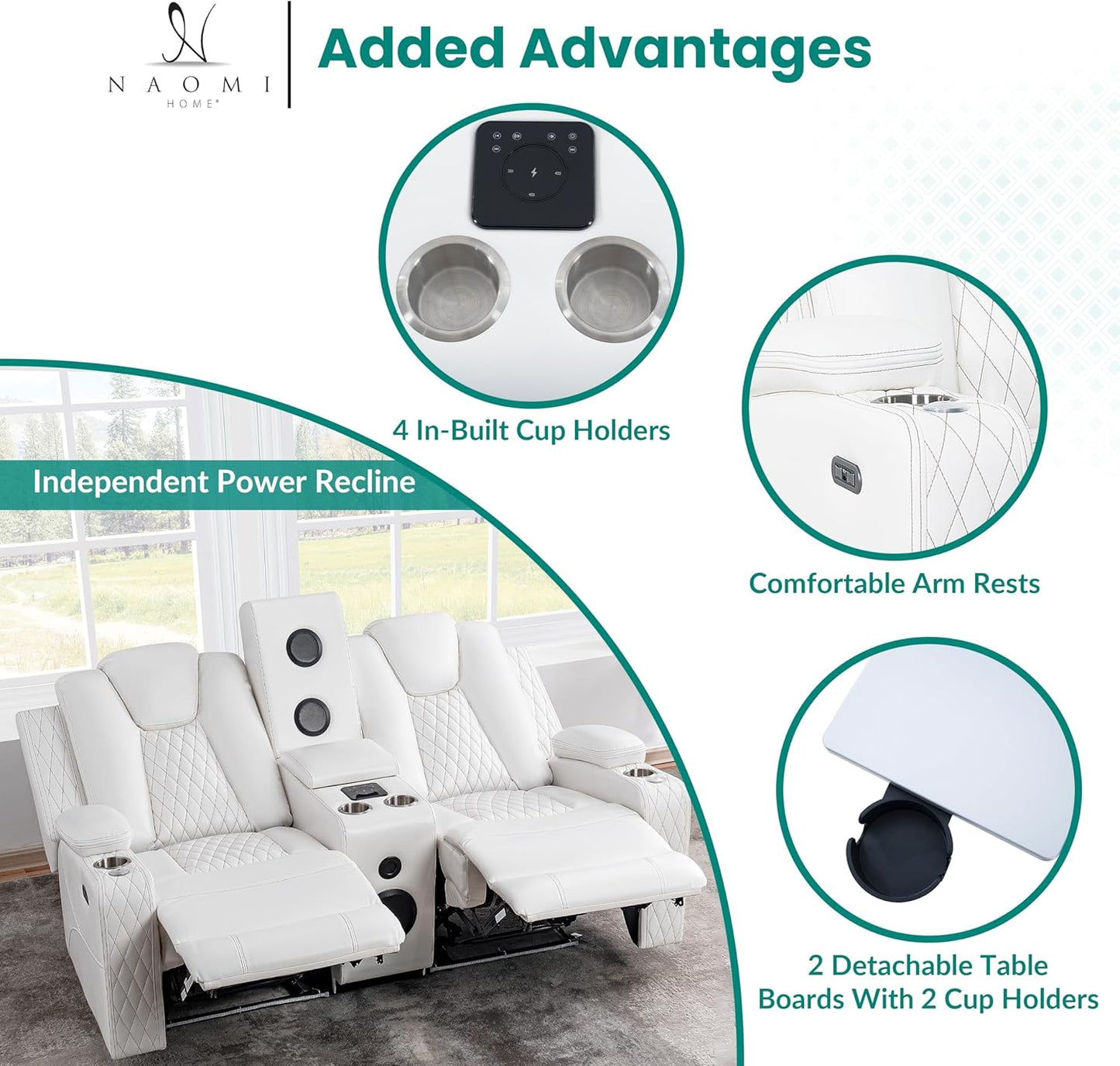 Chicago Deluxe Theater Style Motion Loveseat with LED Lights White/Air Leather