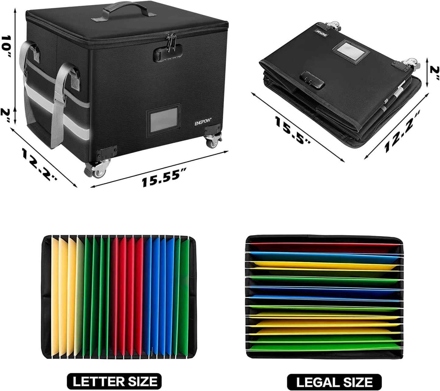 Fireproof Document Box with Wheels, Collapsible File Box with Lock, Rolling File Storage Organizer Filing Cabinet with Pockets, Portable Home Office Safe for Hanging Letter/Legal Folder