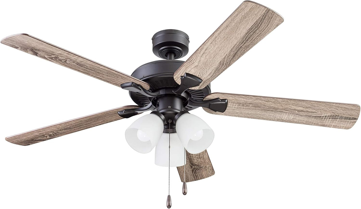 Ceiling Stannor 52" Bronze Indoor Fan with Frosted 3 Light LED Multi Arm E26/A15 Bulb and Pull-Chains, Traditional Style, 5 Reversible Barnwood/Northern Ebony Blades, 51434