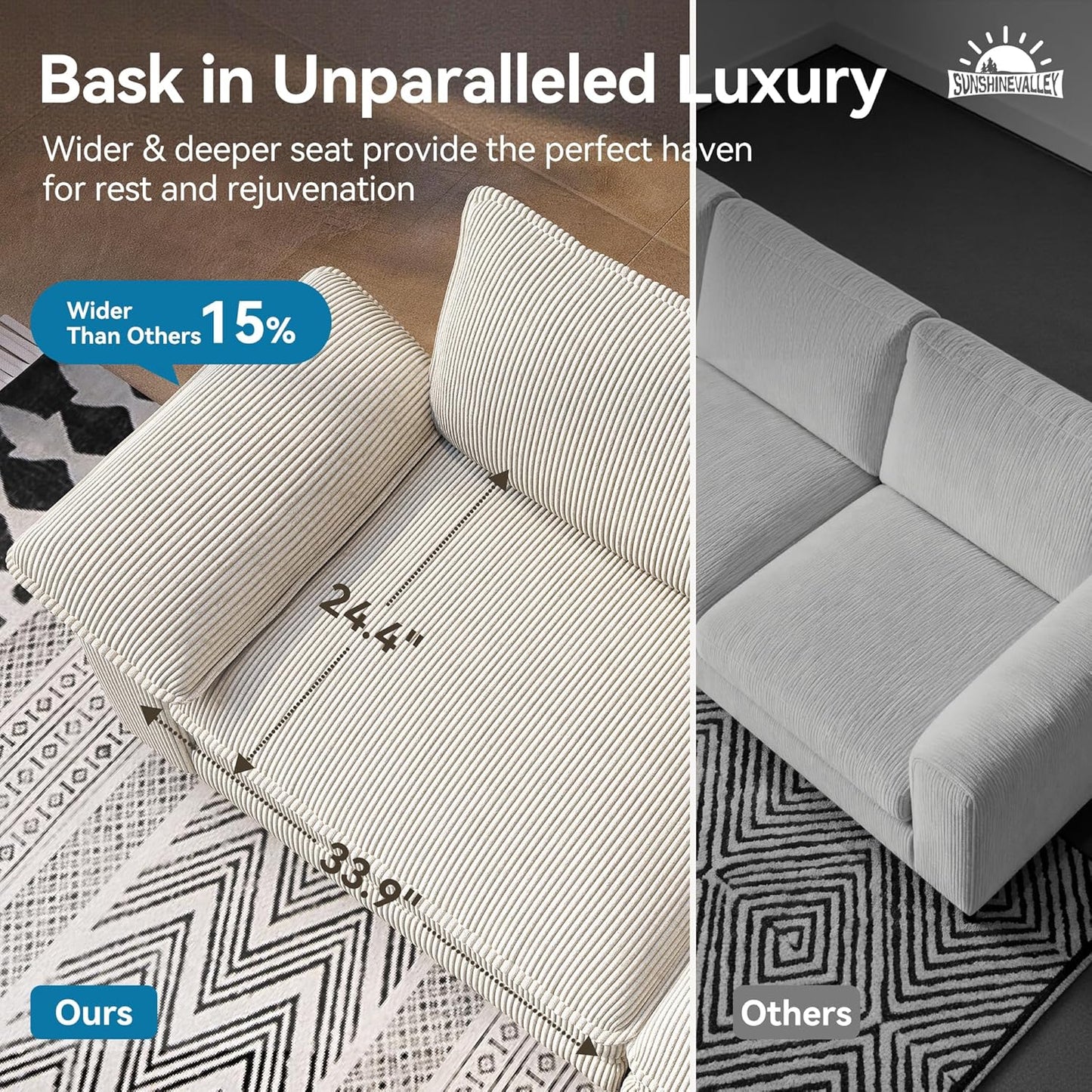 87.5'' Oversized Loveseat Couch and Chair Set, 3-Seat Corduroy Modern Modular Cloud Sofa with Pillow, 2 Piece Living Room Deep Sectional Sofa Furniture Set for Apartment, Beige