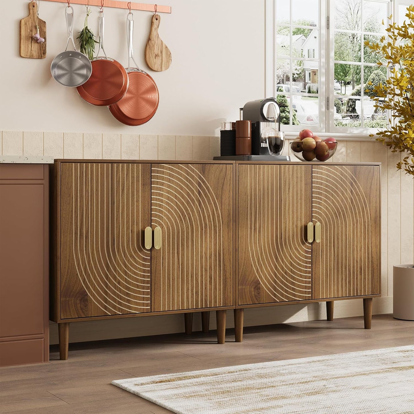 Walnut Sideboard Cabinet, Freestanding Buffet Cabinet with Line Groove Design, Wood Storage Cabinet with Adjustable Shelf for Living Room, Entryway, Hallway