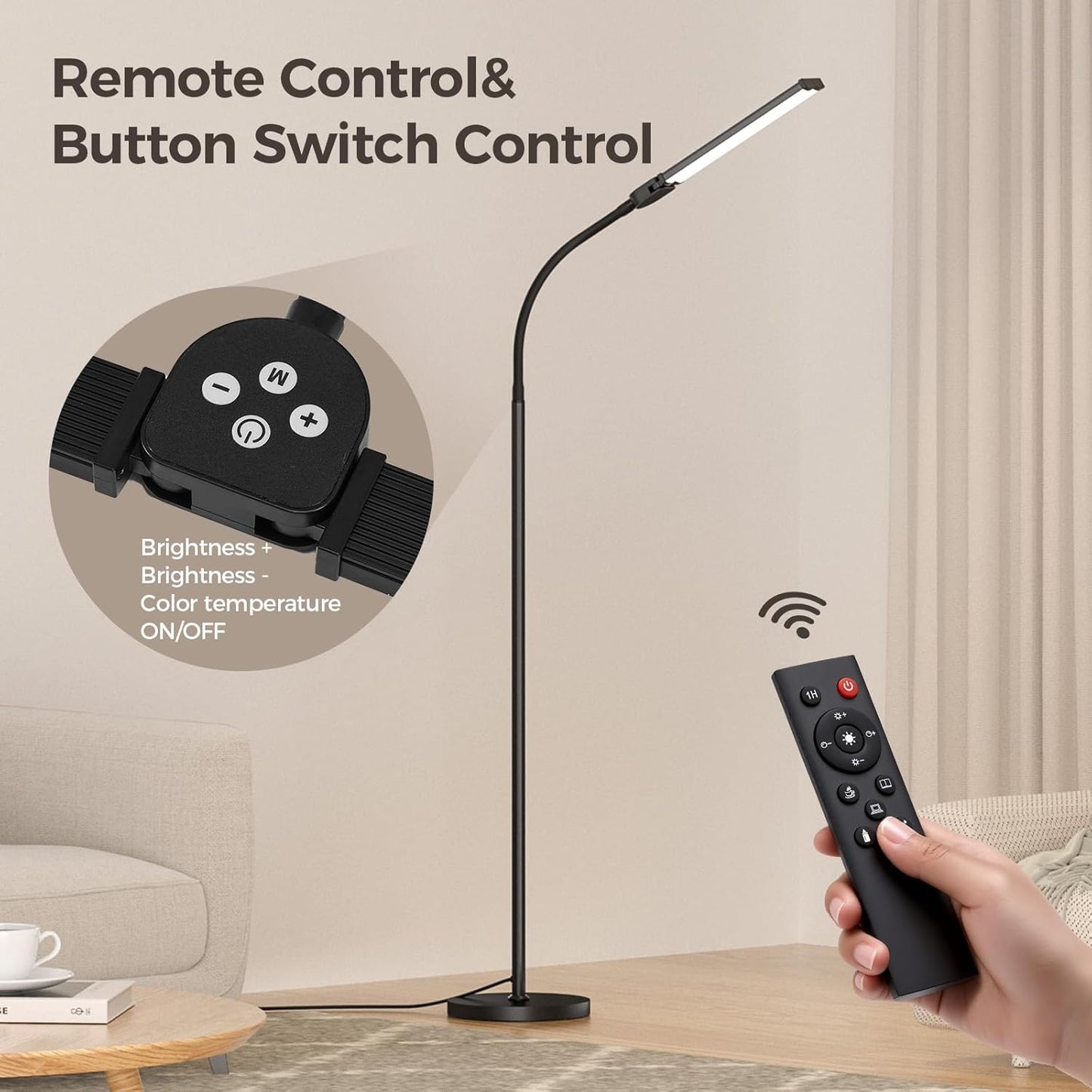 LED Floor Lamp for Living Room, Bright Reading Lamps for Office, Adjustable Colors Temperatures&Brightness, Dual Head Goose-Neck Standing Lamp, Remote and Button Control, Eye Caring Tall Lamp, Black