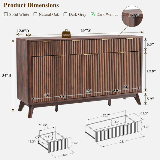 Fluted Buffet Sideboard Cabinet with Storages, 60" Large Modern Buffet Table Coffee Bar Wine Bar Storage Cabinet with 3 Drawers & 4 Doors for Dining Room, Living Room, Hallway(Dark Walnut)