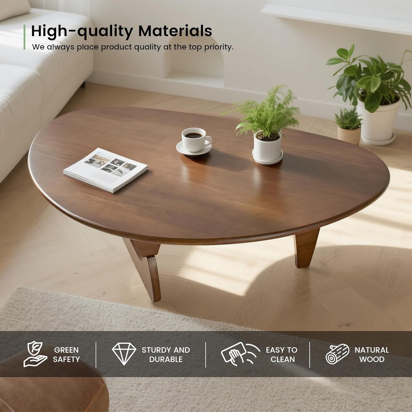 Solid Wooden Modern Triangle Coffee Table: Unique Funky Coffee Tables for Living Room, Oval Mid-Century Irregular Abstract Tea Tables for Patio Office Balcony Bedroom (Walnut, 33" L X 22" W X 16" H)