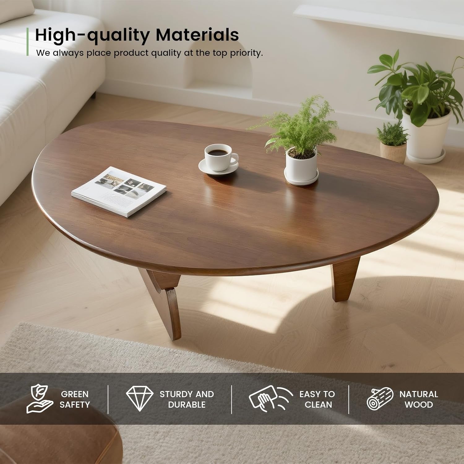 Solid Wooden Modern Triangle Coffee Table: Unique Funky Coffee Tables for Living Room, Oval Mid-Century Irregular Abstract Tea Tables for Patio Office Balcony Bedroom (Walnut, 33" L X 22" W X 16" H)
