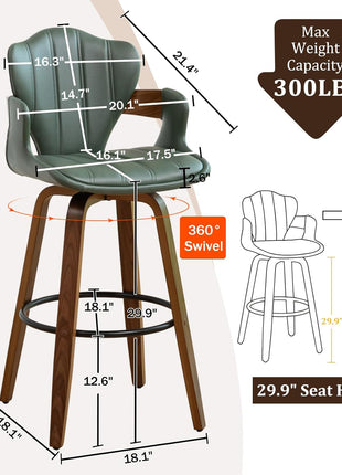 Set of 2 Mid-Century Modern 30-Inch Swivel Bar Stools with Arms, Green Faux Leather Upholstery and Walnut Wood Frame, Fishtail Back Design